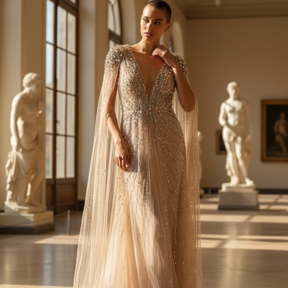 Beaded Maxi Evening Gown in Nude Gold